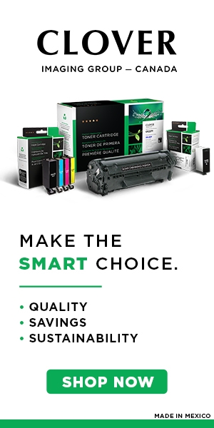 "Advertisement for Clover Imaging Group — Canada, promoting printer toner and ink cartridges. The ad highlights benefits such as quality, savings, and sustainability. A green button labeled 'Shop Now' is featured alongside images of various Clover-branded toner and ink products. The slogan reads: 'Make the SMART choice.'