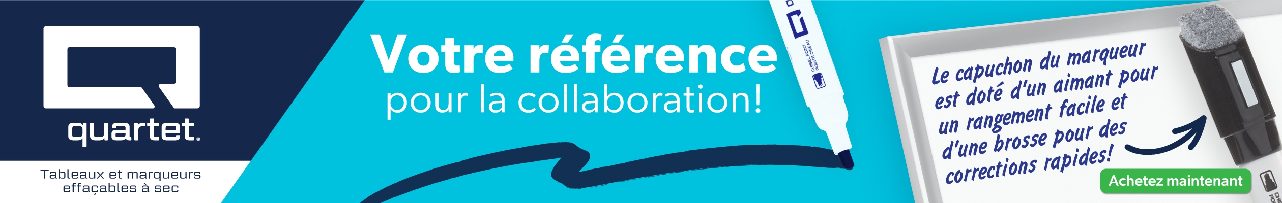 Sur la gauche se trouve le logo de la marque Quartet avec un slogan au centre qui indique votre lieu de collaboration privilégié. Sur la droite, il y a un tableau effaçable à sec et des marqueurs effaçables à sec avec un bouton Acheter maintenant.