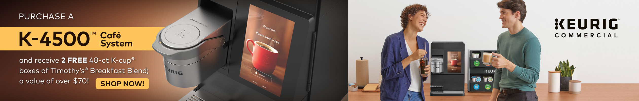 Keurig K-4500 Brewer. Two people standing in a breakroom setting. Shop Now button.