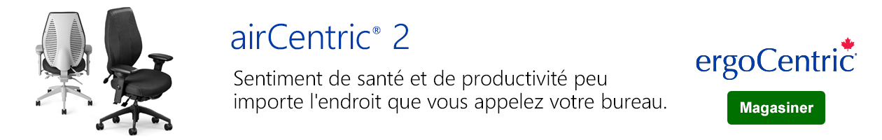 L'image présente les fauteuils de travail airCentric 2 d'ergoCentric en gris clair et en noir, recouverts d'un tissu Airknit noir. Les deux fauteuils de travail sont présentés avec un mécanisme de multi tilt et des accoudoirs tCentric.