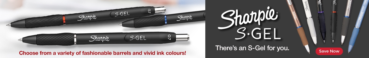 Sharpie S-Gel pens with different colour barrels and the Sharpie S-Gel logo.