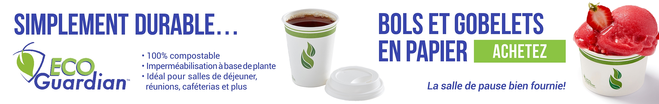 "Emballage durable comprenant des gobelets et des bols à café en papier doublé PLA. Eco Guardian.  Fournitures de salle de pause fabriquées avec du papier certifié compostable."