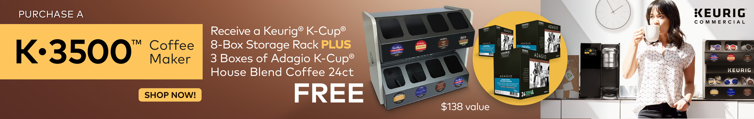 Logo Keurig, bouton acheter maintenant, image du stand, café et infuseur, personne tenant une tasse