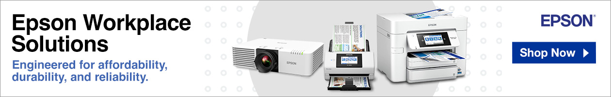 White background with light gray circles and large round gray circle. States “Epson Workplace Solutions, Engineered for affordability, durability and reliability” next to images of an Epson PowerLite Projector, Document Scanner, and WorkForce Printer. Images are arranged to represent the Workplace Solution. Blue Epson logo with blue rectangle stating, “Shop Now”.
