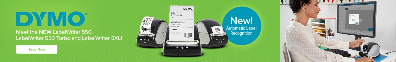 A person printing labels in the office with a DYMO printer and a tagline that says meet the New LabelWriter family of products.