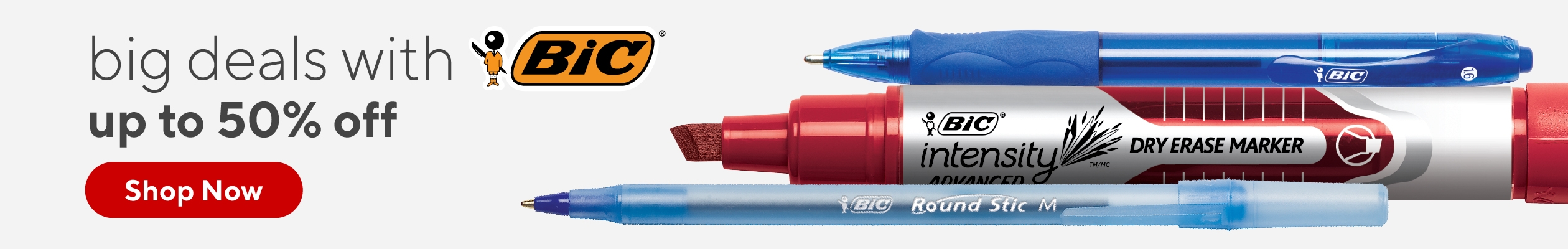White background, BIC logo, images Show BIC Velocity pen, BIC Intensity Dry Erase Marker, BIC Round Stic Ball point pen.