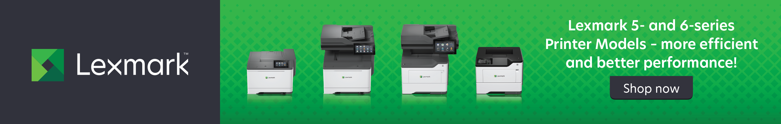 Image of Lexmark Printer, Lexmark logo, Shop Now button.