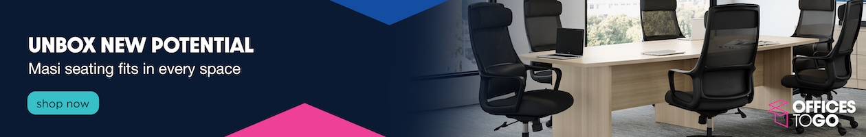 On the left, a promotional message with a shop now button on dark background with colourful triangular shapes. On the right, a light brown boardroom table with six Masi chairs surrounding it, and the Offices to Go logo in the bottom right corner.