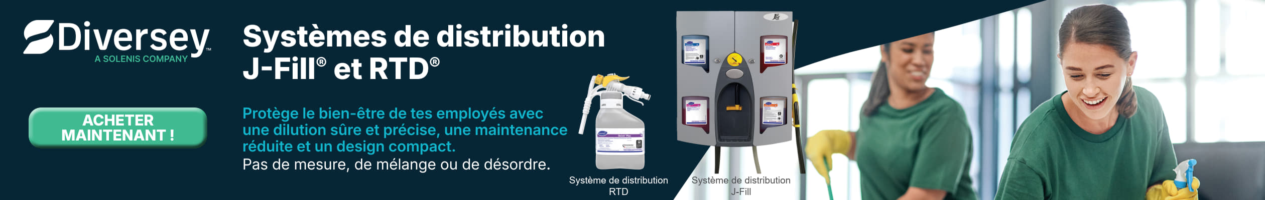 Nettoyage de personnes, image de systèmes de distribution. Logo Diversey, bouton « Acheter maintenant ».
