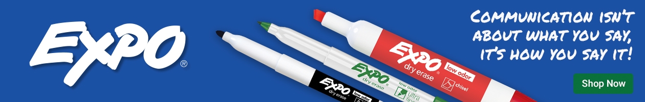 Dry Erase markers in different colours on a blue background with a “shop now” button.