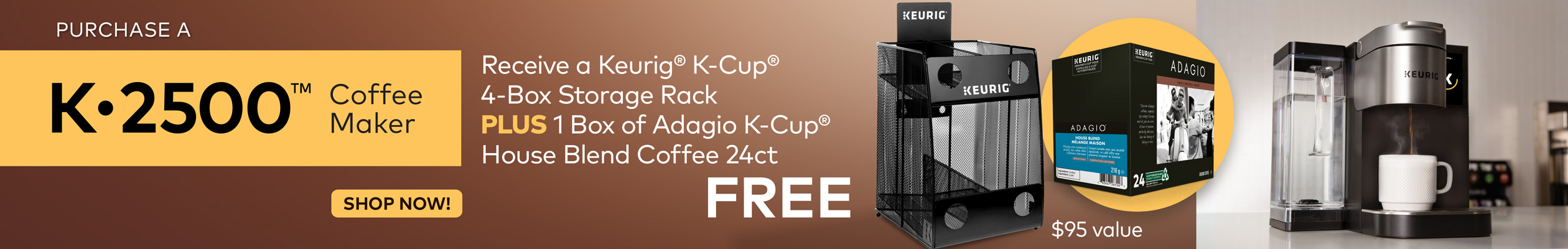 Keurig logo, shop now button, image of stand, coffee & brewer, person holding cup