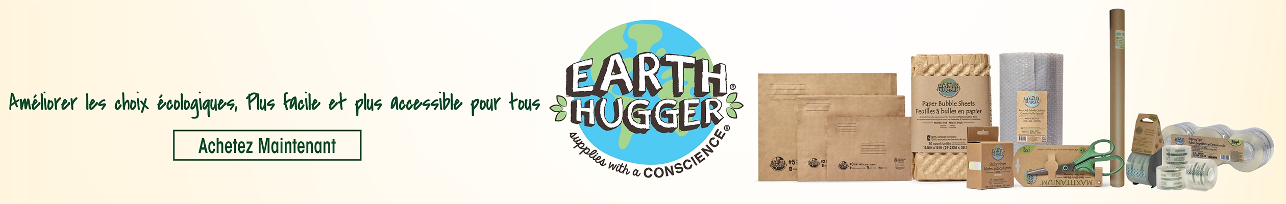 "Sur la gauche, il est écrit « Rendre les choix plus écologiques meilleurs, plus faciles et plus accessibles ».  À côté se trouve le logo Earth Hugger.      En dessous se trouve le bouton « Acheter maintenant ».      À l’extrême droite, il y a un collage d’un tas de produits Earth Hugger."