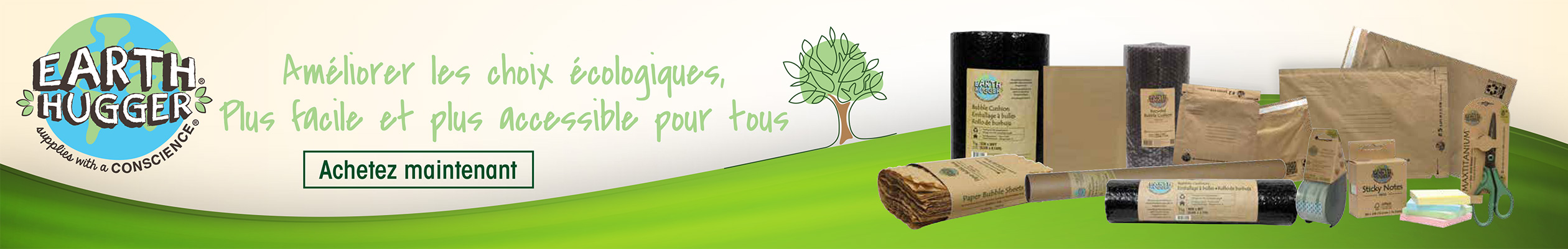 Logo Earth Hugger, bouton Afficher maintenant, assortiment de fournitures postales.