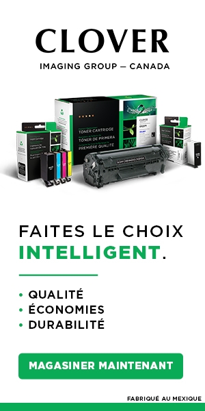 "Publicité pour Clover Imaging Group — Canada, faisant la promotion des cartouches d'encre et de toner pour imprimante. La publicité met en avant des avantages tels que la qualité, les économies et la durabilité. Un bouton vert « Acheter maintenant » est présenté à côté d'images de divers produits d'encre et de toner de marque Clover. Le slogan est le suivant : « Faites le bon choix"