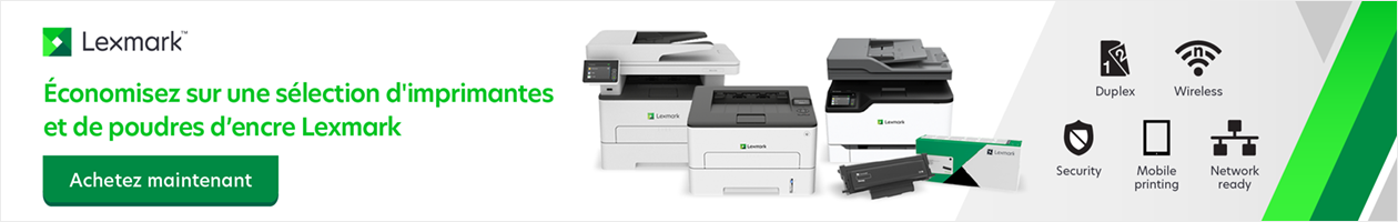 Lexmark logo, Shop Now button, image of printers.