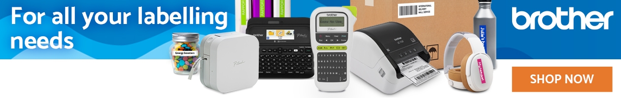 Brother logo, Shop Now button, banner shows an assortment of labellers, headset & box on counter.