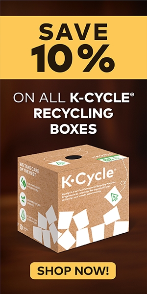 Keurig logo, Shop Now button, image of Keurig recycling box