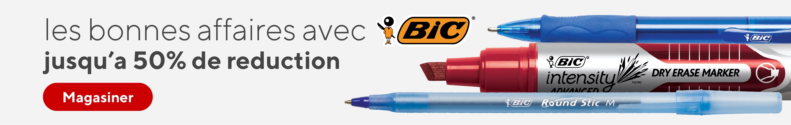 Fond blanc, logo BIC, images Afficher le stylo BIC Velocity, le marqueur effaçable à sec BIC Intensity, le stylo à bille BIC Round Stic