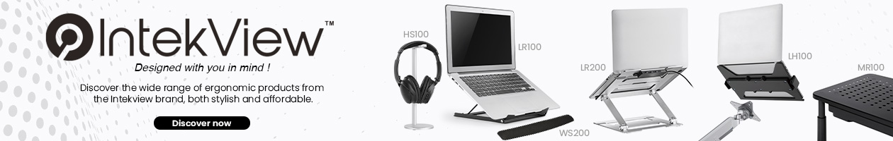 Intekview logo, Discover now button, assortment of ergonomic products