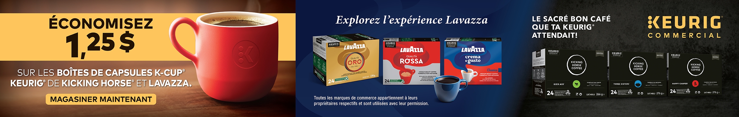 "Logo Keurig, bouton Acheter maintenant, images de boîtes de saveurs de café Lavazza, tasse de café. "