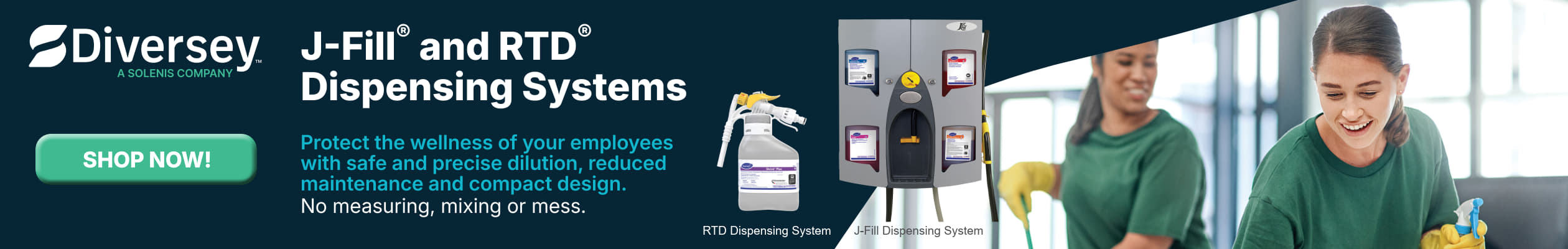 People cleaning, Iimage of dispensing systems. Diversey logo, Shop now button.