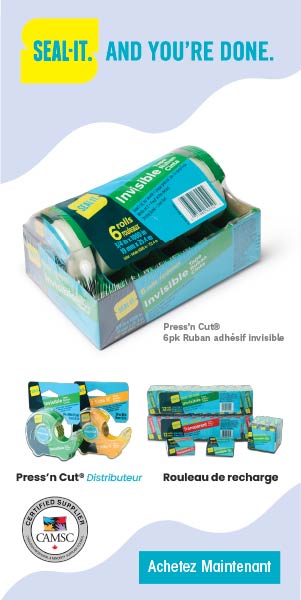 "En haut, le logo Seal-It indique “Seal-It and You’re Done”.        Vous trouverez ci-dessous des informations sur le distributeur Press’ N Cut, ainsi que deux images de ce produit et une option de pack de 6.     Vous trouverez ensuite des informations sur les différents rouleaux de recharge, transparents et invisibles. Ces images sont présentées.     En bas, le logo du CAMSC indique que nous sommes membres du Conseil canadien des fournisseurs autochtones et des minorités.     À droite, le bouton “Acheter maintenant”."