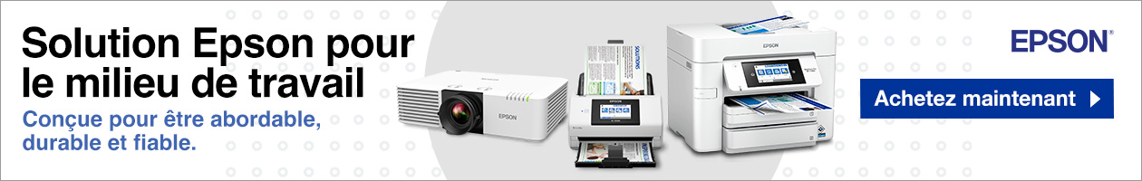 Fond blanc avec des cercles gris clair et un grand cercle gris rond. Indique « Solution Epson pour le milieu de travail, Conçue pour être abordable, durable et fiable.» à côté des images d'un projecteur Epson PowerLite, d'un scanner de documents et d'une imprimante WorkForce. Les images sont organisées pour représenter la solution Workplace. Logo Epson bleu avec rectangle bleu indiquant « Achetez maintenant ».