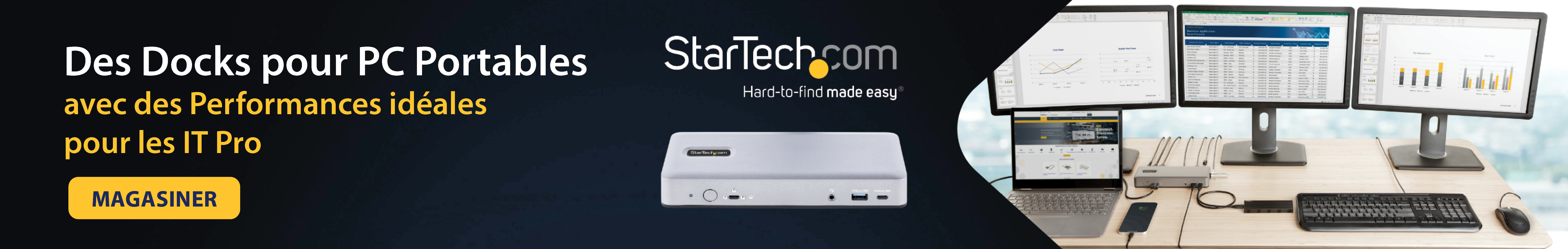 Logo Startech, bouton acheter maintenant, image de moniteurs, ordinateur, disque dur et accessoires sur le bureau.