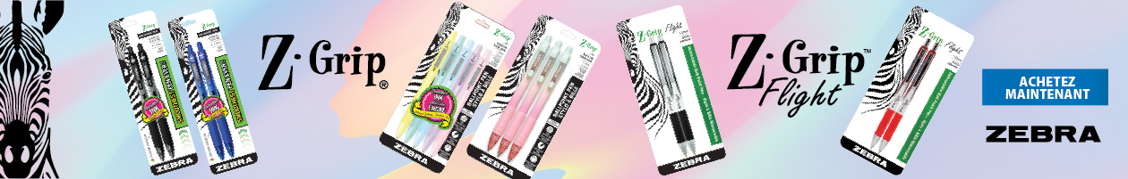 "Stylos Zgrip bleus, noirs et colorés. Stylos Zgrip flight Noir et rouge. Bouton Achetez maintenant. Logo Zebra. Toutes les images sont placées sur un fond pastel"