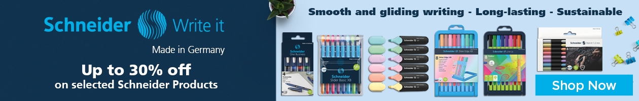 Schneider, Write it. A long range of rollerballs and ballpoints and highlighters displayed under a soft blue background. Made in Germany. Up to 30 % off. Shop now.