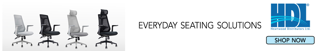 Left side of banner – Line of four Aura Chairs. Grey midback, Black midback, Grey high back Black high back