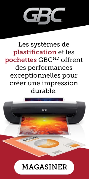 L'image présente le logo GBC® en haut, suivi du texte « Les plastifieuses et pochettes GBC® offrent des performances exceptionnelles pour une impression durable ». Elle est suivie d'une image d'une plastifieuse GBC® et de pochettes de plastification. En bas de la publicité figure un bouton « Acheter maintenant ».