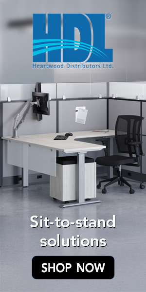 Right side – Semi circle of five Midback and Highback task chairs. Shop Now, Heartwood logo