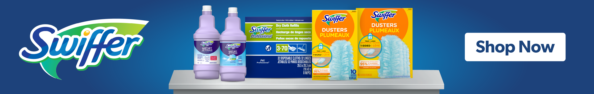 SWIFFER LOGO™. 5 Swiffer™ cleaning products on blue background. Shop Now.