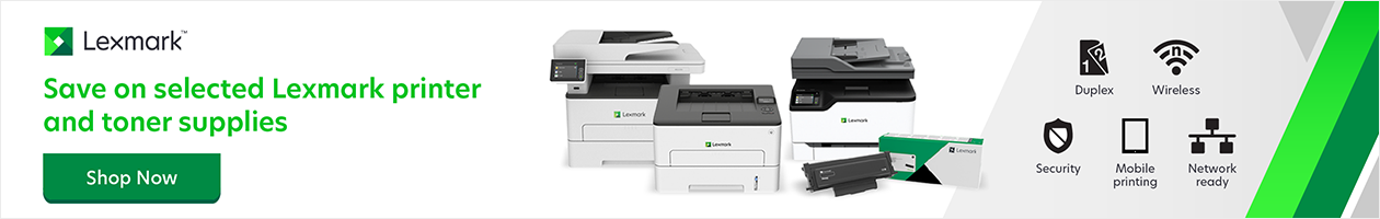 Lexmark logo, Shop Now button, image of printers.