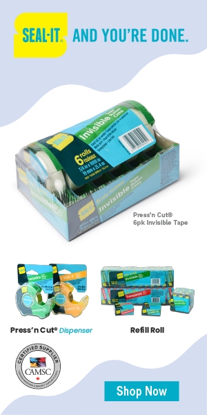 "On the top is the Seal-It logo that says “Seal-It and You’re Done”.        Below is information about the Press’ N Cut Dispenser and shows two images of that product, as well as a 6 pack option.     Next you will have information about the different Refill Rolls in both Transparent and Invisible Tape.  Shows those images.     The bottom shows the CAMSC logo to show that we are members of the Canadian Aboriginal and Minority Supplier Council.      To the right of that is the Shop Now button. "