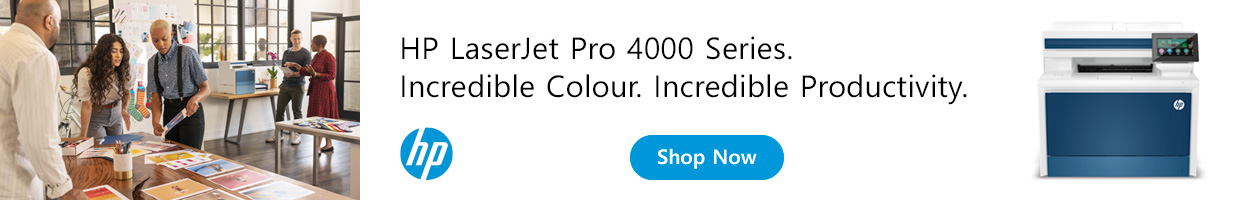 HP logo, Show Now button, image of people in an office. image of a printer