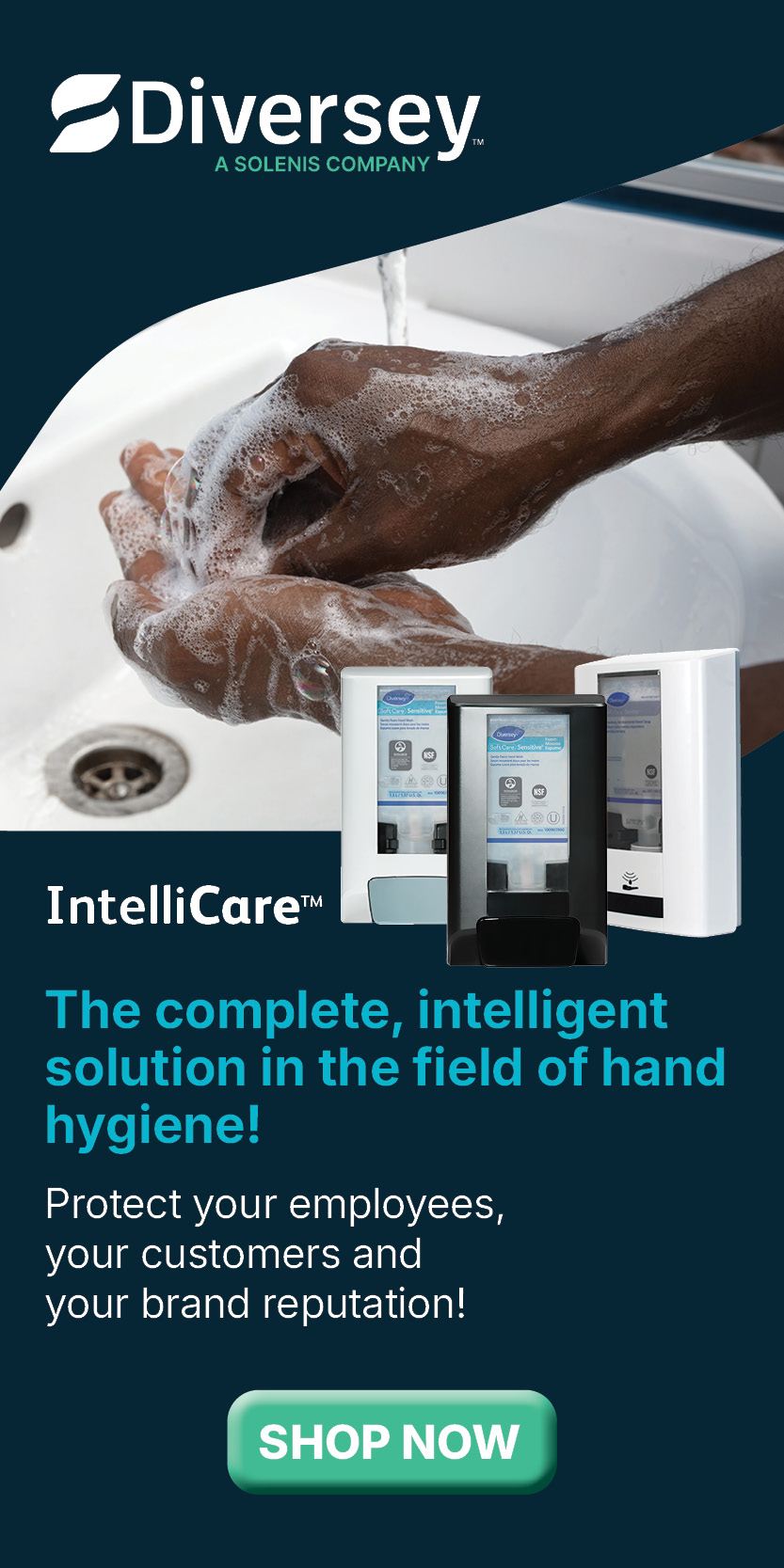 Image of someone washing their hands in a sink. Diversey logo, shop now button.